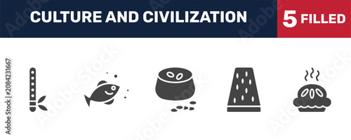 Photos culture and civilization icon set with native american flute, marine fish, turron, meat pie signs in filled style