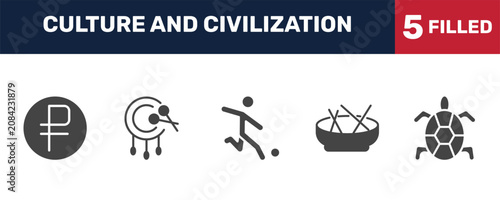 Photography culture and civilization icon set with ruble, native american drum, beef and garlic, surfing a sea turtle signs in filled style