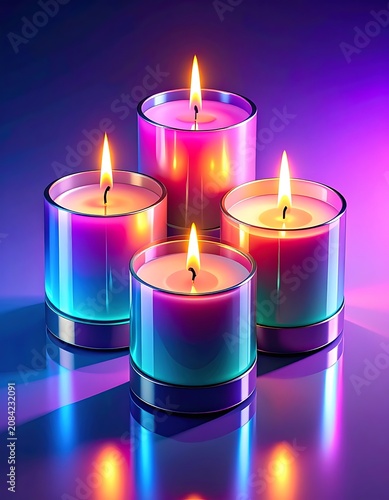A serene arrangement of four lit candles with colorful reflections