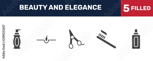 Φωτογραφία beauty and elegance icon set with face cleanser, hair, toothbrush, inclined bottle signs in filled style