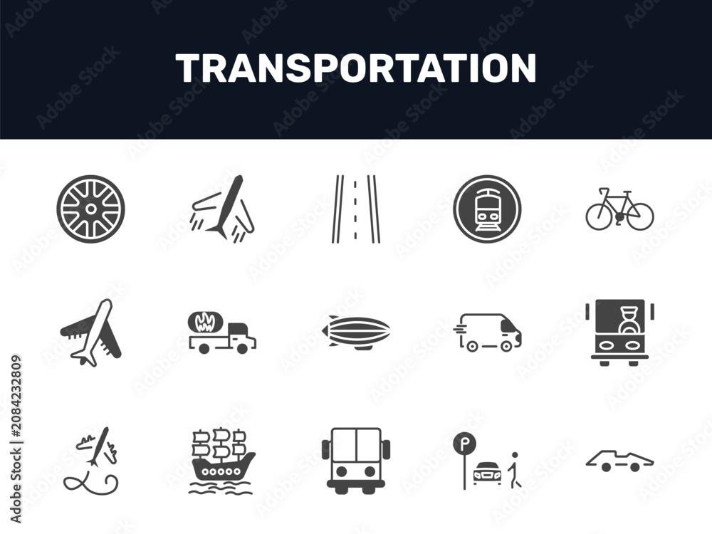 Obraz premium transportation icon set with alloy wheel, road with broken lines, tram stop label, formula 1 signs in filled style. solid icons for ui, web and printing