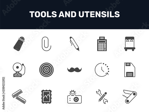 Obraz na plátně tools and utensils icon set with pepper container, ink pen, printing calculator, penknife signs in filled style
