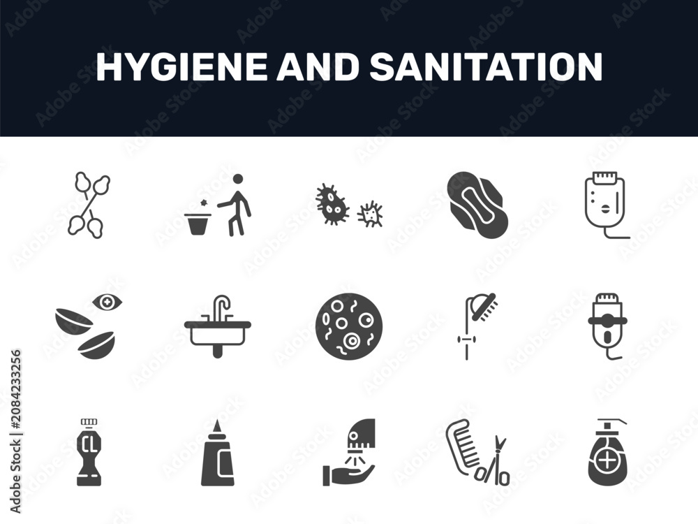 Fototapeta premium hygiene and sanitation icon set with cotton swabs, parasite, sanitary napkin, antiseptic signs in filled style. solid icons for ui, web and printing