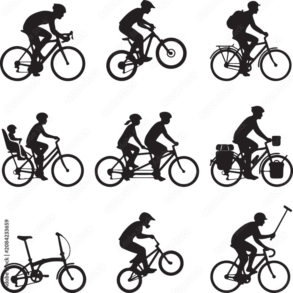 Obraz premium Bicycle silhouette collection, set of 9 cyclist icons including mountain bike, tandem, road racing, and folding bike vector illustrations on white