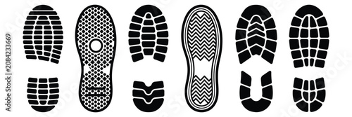 Bild auf Leinwand Shoe sole prints, footwear tread texture silhouettes with isolated boot and snea