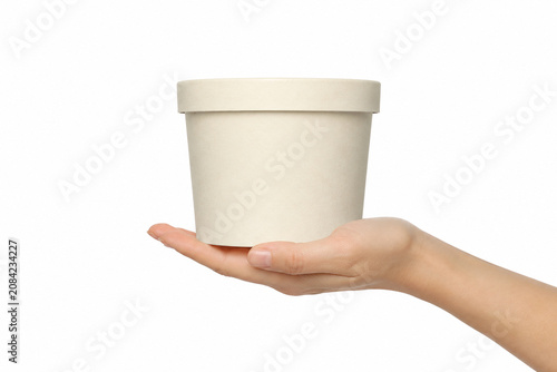 Hand Holding Blank White Paper Food Tub Packaging Mockup