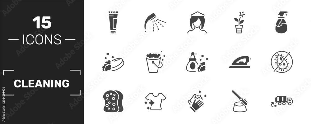 Fototapeta premium cleaning icon set with cream cleanin, wiping woman head, rose cleanin, garbage truck cleanin signs in filled style. solid icons for ui, web and printing