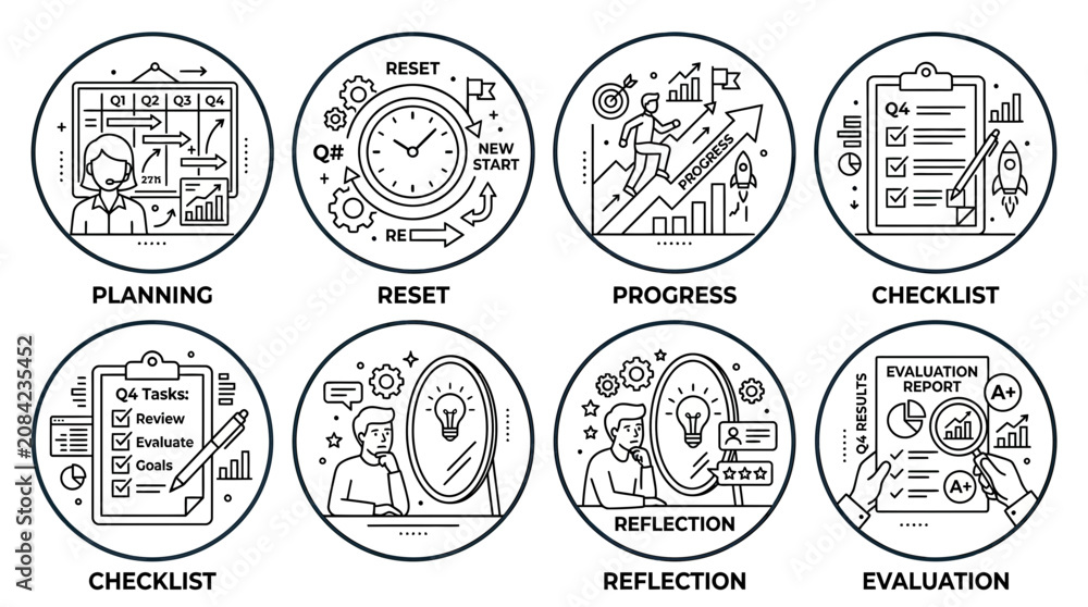 Obraz premium Business Planning, Progress, Reflection and Evaluation Cycle Icons Set