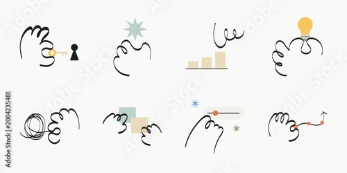 Hand drawn line icon set featuring business concepts such as ideas, solutions, growth and problem solving illustration.