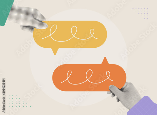 Halftone collage illustration of business communication concept with hands holding colorful speech bubbles representing dialogue.