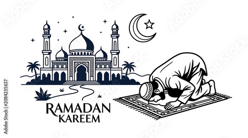 Foto Ramadan Kareem: Man praying at mosque, crescent moon and stars
