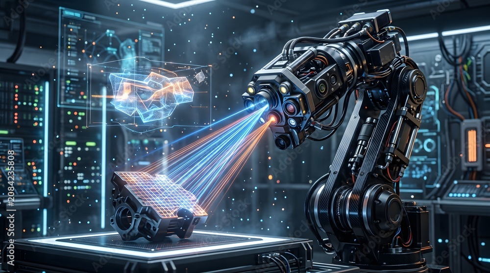 Obraz premium Futuristic industrial robotic arm scanning engine component, advanced manufacturing automation with blue laser light, high-tech smart factory laboratory
