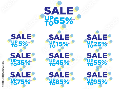 Creative typographic sale badge collection set with abstract floating circles and percentage discounts from 5% to 95% off