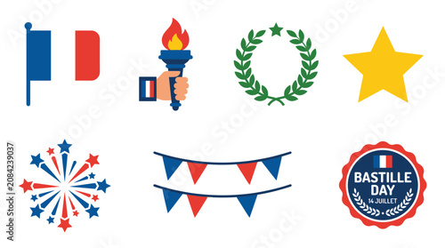 Foto Festive collection of Bastille Day vector graphic elements featuring a French fl