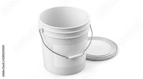 A single empty white plastic bucket with a metal handle and a matching lid sitting on the floor. 5 gallon pail