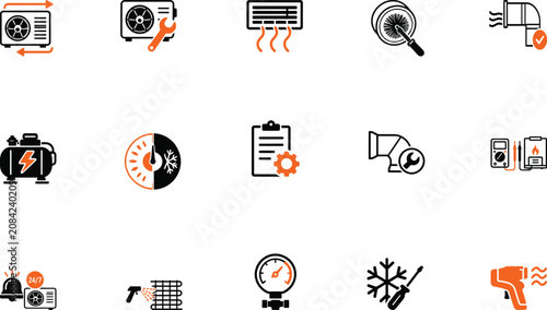 Hvac air conditioning and heating system maintenance icon set with conditioning