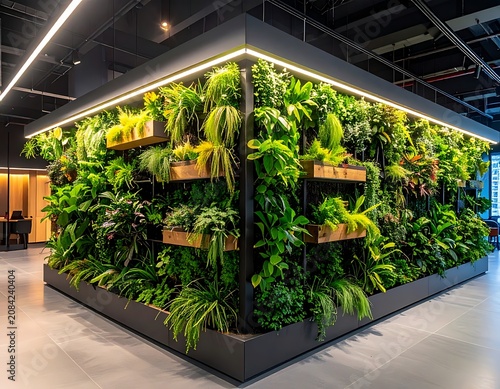 Modern Indoor Living Wall With Lush Green Plants and Wooden Planters.