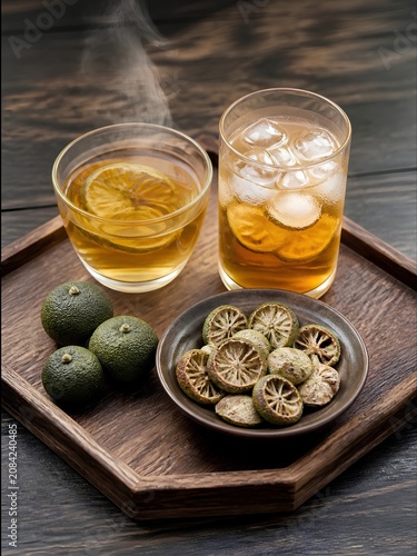 Steaming citrus tea in a clear glass beside an iced tea glass with citrus slices, both on a wooden tray. Accompanied by fresh green kumquats  and a ceramic saucer filled with sun-dried citrus slices. 