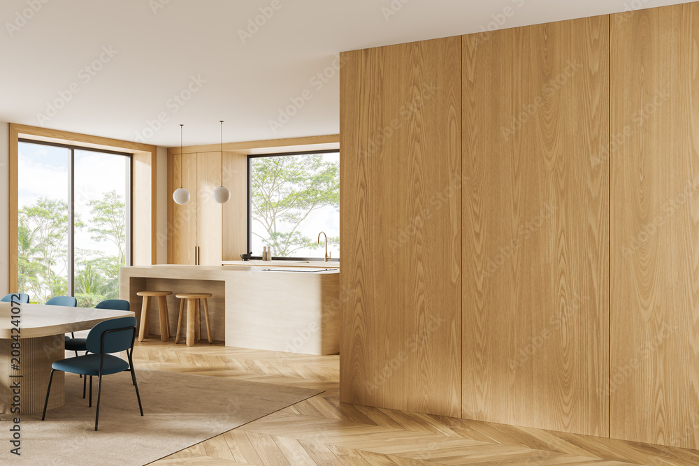 Obraz premium Minimalist wooden interior kitchen and dining area with natural light and modern furniture in warm tones for contemporary architecture design. 3D Rendering