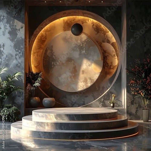 Modern interior design with circular art.