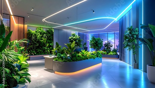 Modern interior design with green plants.