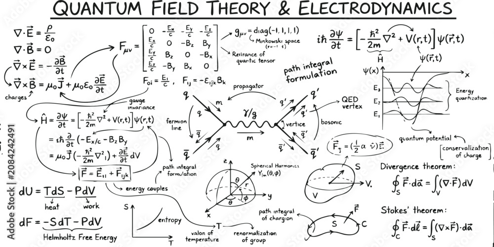 Fotografie Handwritten notes about quantum field theory and electrodynamics with physics eq