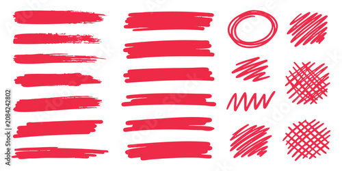 Obraz na płótnie Set of bright red paint brush strokes and hand drawn marker scribbles and shapes