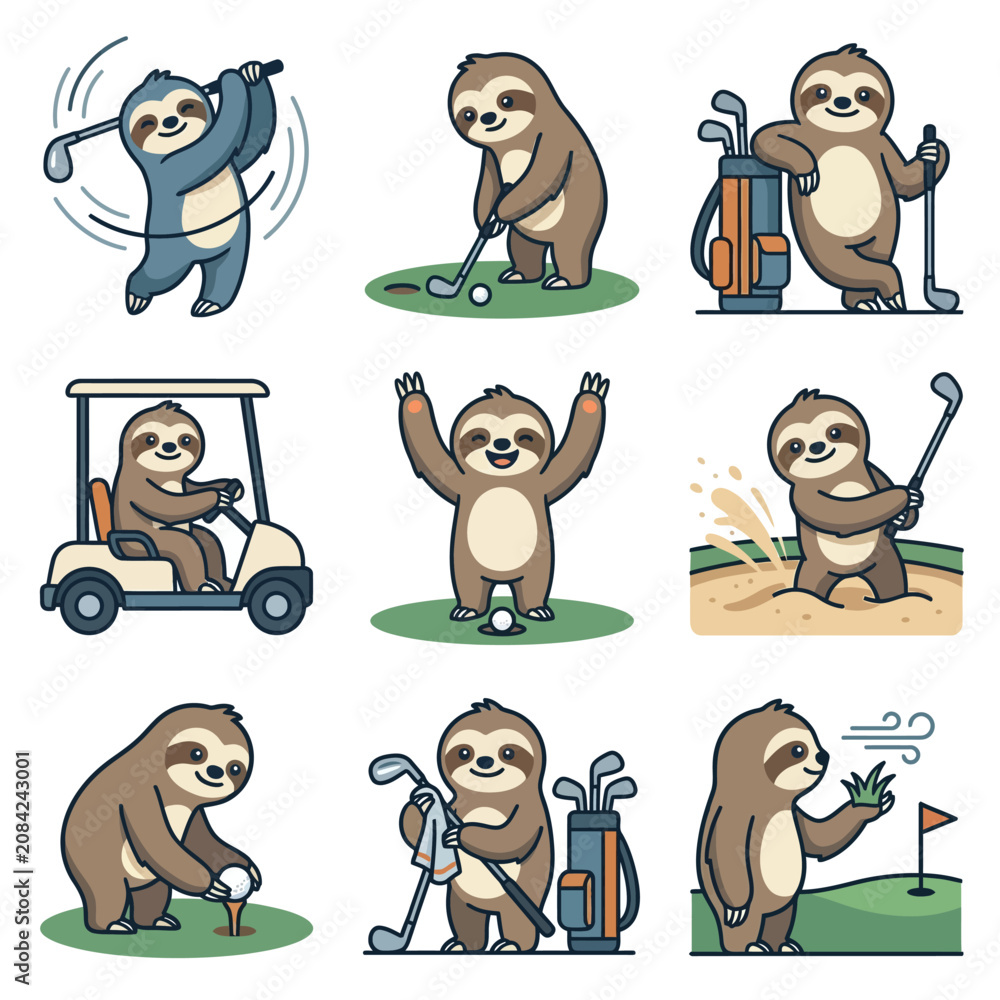 Fototapeta premium A collection of cute cartoon sloths playing golf in various fun poses