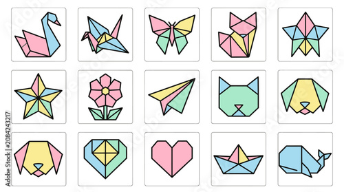 A collection of colorful paper folding art icons arranged in a grid