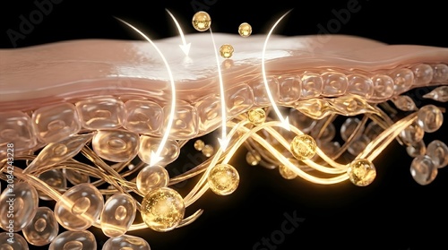Close up illustration of human skin layers with collagen and hyaluronic acid particles nourishing the deep structure of the dermis