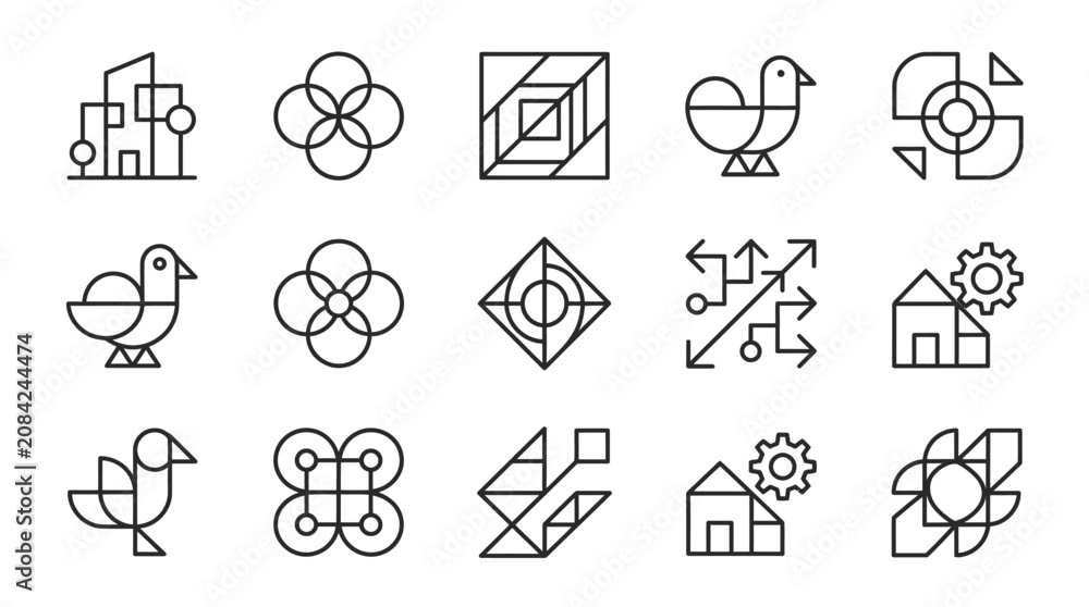 Fototapeta premium A collection of minimalist black line icons featuring various geometric shapes and abstract symbols