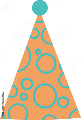 a white birthday party hat decorated with orange retro circle patterns and a turquoise pom-pom. Isolated on a white background, perfect for birthday invitations, greeting cards, party decorations, sti