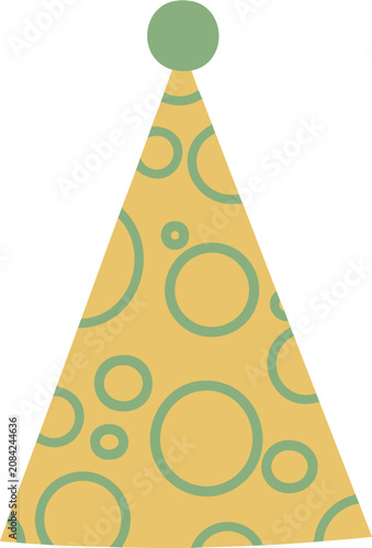 Bright yellow birthday party cone hat decorated with green retro circular patterns in a clean flat vector style. Isolated on a white background for invitations, greeting cards, celebration branding