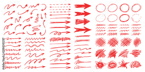 Fotografía Set of hand drawn red arrows and scribbles for design elements and bullet points