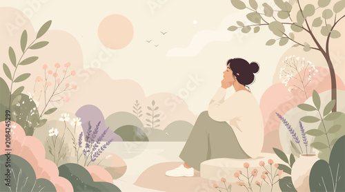 Quadro su tela Woman sitting by tranquil lake, serene landscape with soft pastel colors, mindfu