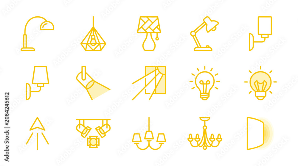 Obraz premium Collection of Yellow Line Art Icons for Lighting Fixtures and Lamps