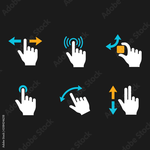 A set of flat icons showing various touch screen gestures