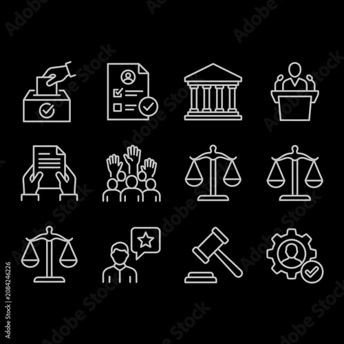 A set of white line icons representing democracy and law