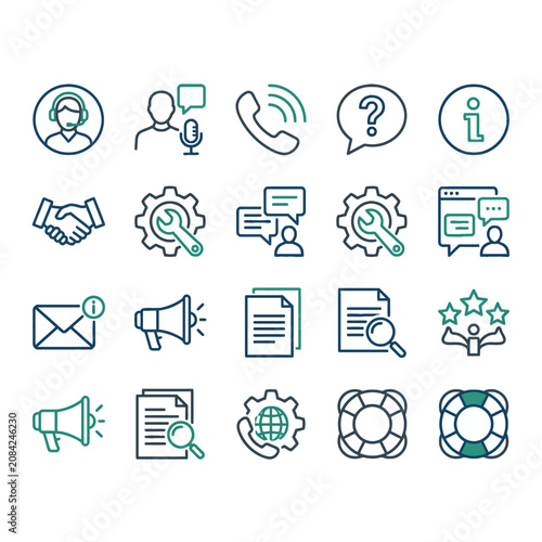 A set of professional customer service and support line icons
