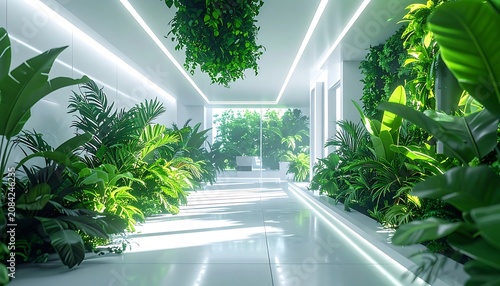 Modern interior with lush green plants.