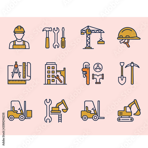 A set of flat icons for construction and industrial work