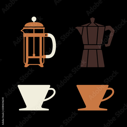 A set of minimalist coffee brewing equipment icons on black