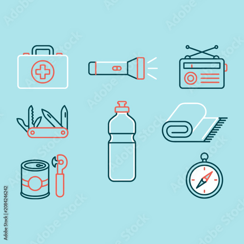 A set of essential emergency survival gear icons on blue