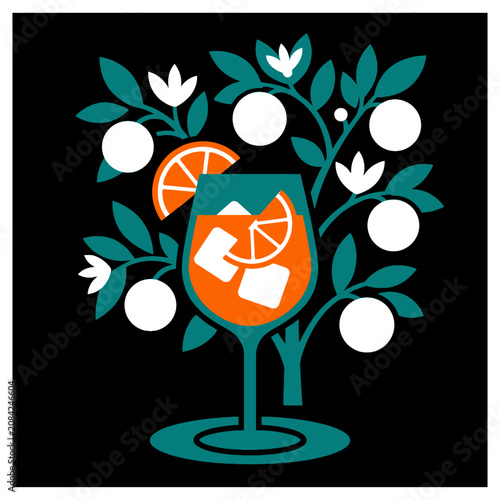 A refreshing orange cocktail sits before a stylized citrus tree