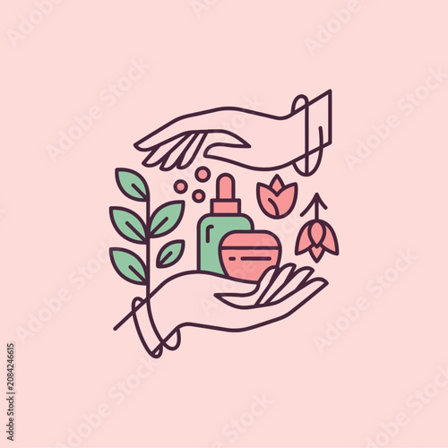 Hands holding natural skincare products in a minimalist line art style