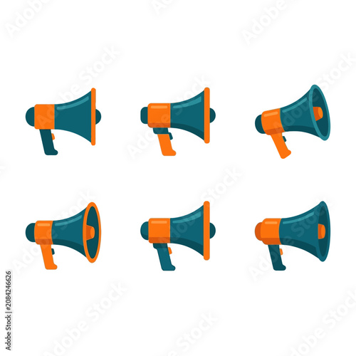 A set of six colorful megaphone icons on white background