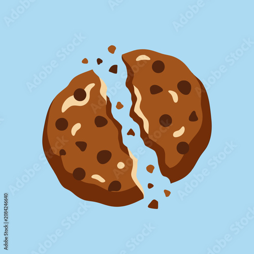 A delicious chocolate chip cookie is broken into two pieces