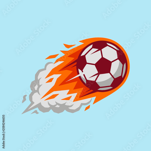 A soccer ball flies through the air with intense flames