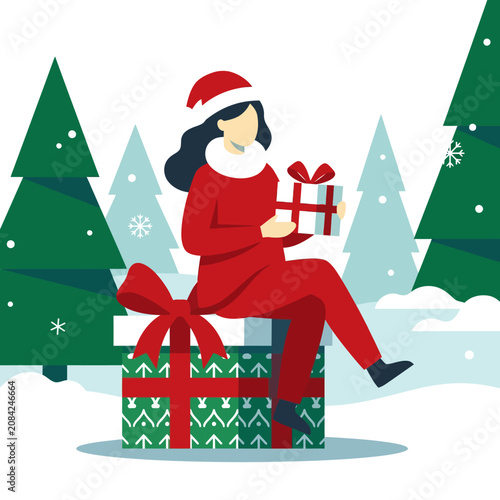 Woman in Santa suit sits on a large Christmas present
