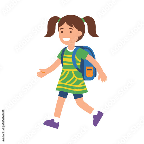 A happy young girl walks to school with her blue backpack